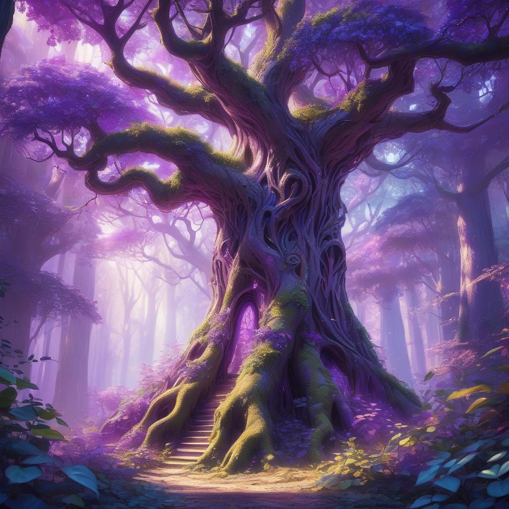  purple tree, (vibrant colors), majestic structure, surreal atmosphere, whimsical background, soft ethereal glow, enchanting forest surroundings, intricate foliage, high contrast shadows, peaceful and magical ambiance, intricate bark texture, every detail standing out, (ultra detailed), mystical vibes, dappled sunlight filtering through leaves, captivating natural beauty.