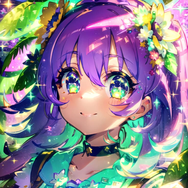  masterpiece, best quality, close up, solo, 1girl, lavender hair, wavy style, bright green eyes, playful smile, sparkling eyes, wearing a flower crown, pastel themed outfit, cute accessories, soft glow effect