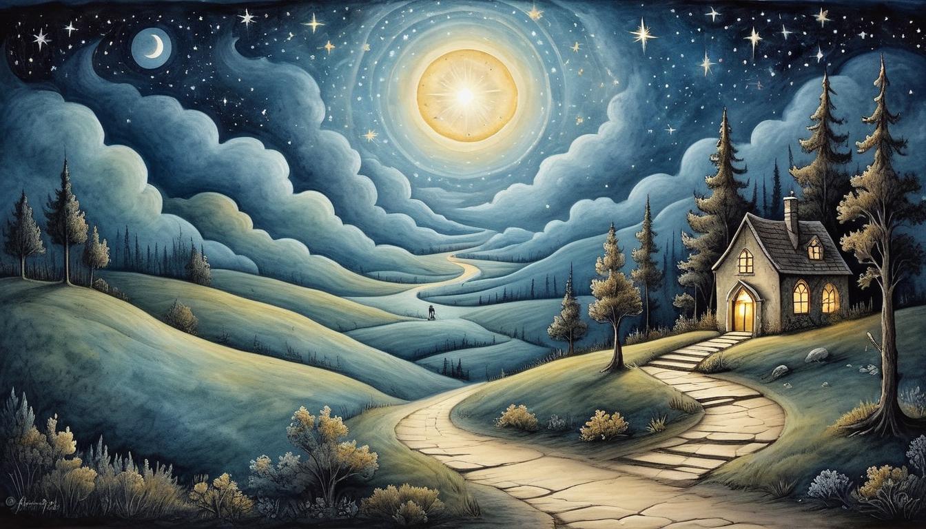  on parchment, surrealism+++, bright star in the night sky, lone pathway illuminated by celestial glow, guiding light, endless journey(mysterious, provocative, symbolic,muted color)+++