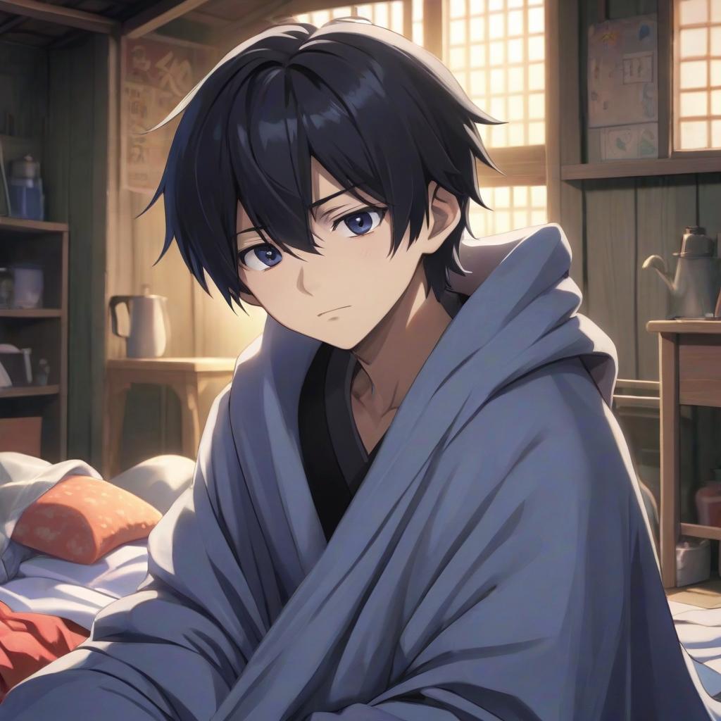  the main character, kaito hanada, an ordinary japanese student with black hair, wakes up in some shed in a blanket