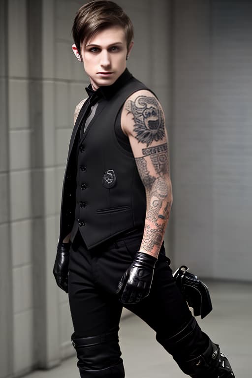  brunette guy with short hair, black vest. tattoos on hands, half gloves, black pants. boots on feet, agent