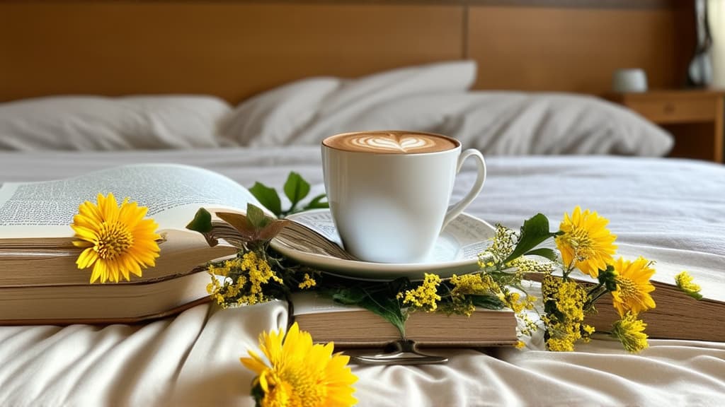  a cup of coffee and a book on a bed, flowers around, avatar image, fan favorite, profile picture, golden linings, profile pic, poetry, wonderful compositions ar 16:9 {prompt}, maximum details