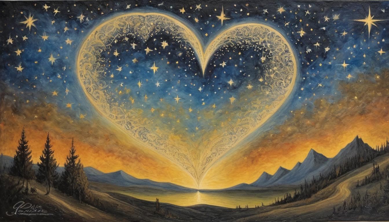  on parchment, surrealism++, heart shaped void, radiating light beams, embedded in a starry night sky, luminous, intense(mysterious, provocative, symbolic)++