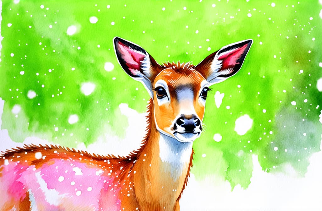  artwork young deer looking out from falling snow on green background ar 3:2, watercolor techniques, featuring fluid colors, subtle gradients, transparency associated with watercolor art