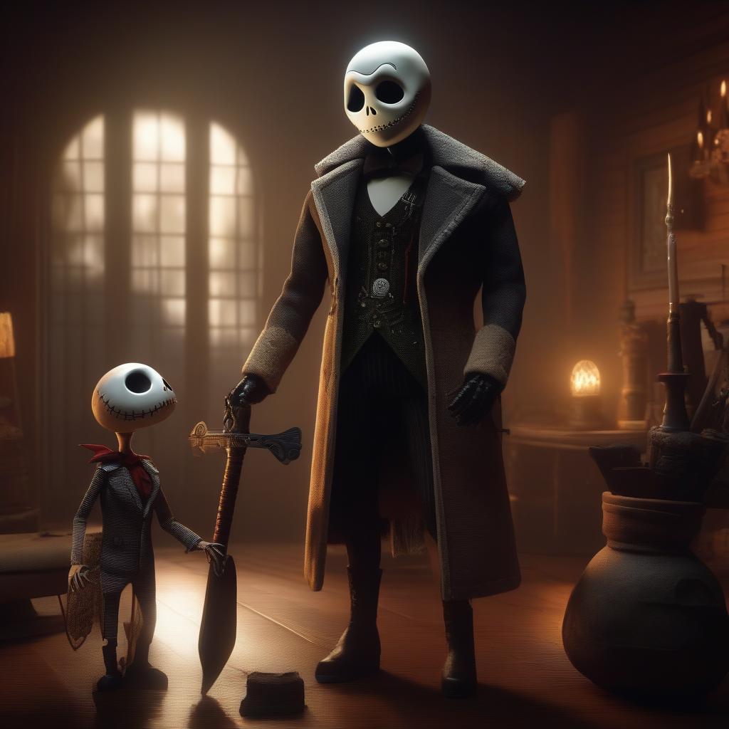  The Nightmare Before Friday the 13th, Jack Skellington and Sally Finklestein, depth of field, cinematic composition, with their son whos a sized Jason Voorhees figure holding a doll who is also dressed like Jason Voorhees , ultra detailed, hyper focus, high res, unreal engine, masterpiece, horror theme, background s crib, full body, ultra detailed, hyper focus, high res, unreal engine, masterpiece,, ((masterpiece)), best quality, very detailed, high resolution, sharp, sharp image, extremely detailed, 4k, 8k