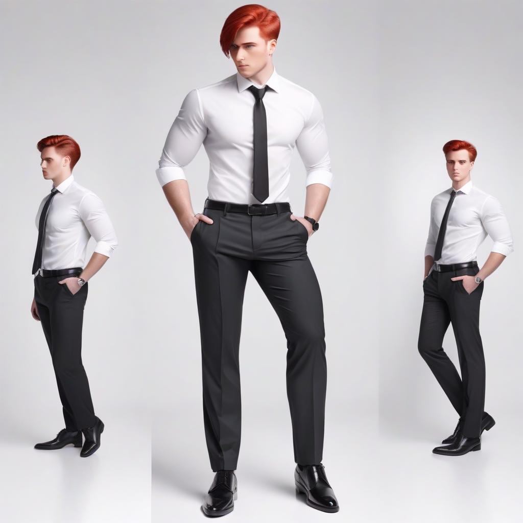  make me a man, a full length office worker, with red hair, on a white background, in a white shirt, in black trousers, in black shoes