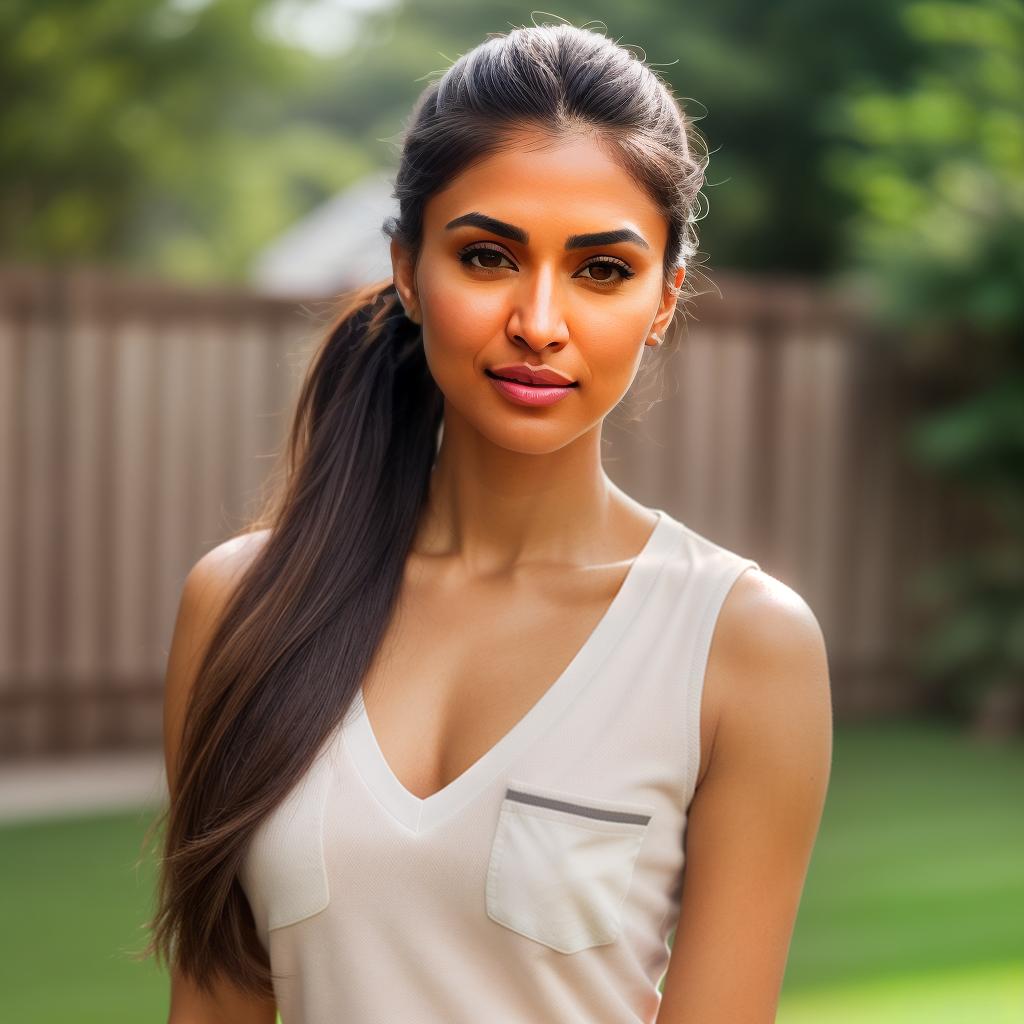  (((realistic full torso frontal head shot of a light brown to medium brown skin tone woman))), aanya vera sumanian, ((indian heritage)), immature face, hazel eye color, ((ponytail hair style)), (( hair color)), ((skinny body type)), medium size, athletic size, (immature narrow flat nose), (immature high cheekbones), (immature smooth jawline), (immature full lips), (immature medium forehead), (immature natural eyebrows), (immature pointed chin), standing straight looking directly into the camera,((wearing fitted polo shirt with deep v neck and monogrammed pocket)), backyard in background, 1, best quality, highest quality, award winning photo, masterpiece, raw, professional photography, photorealism, sharp focu hyperrealistic, full body, detailed clothing, highly detailed, cinematic lighting, stunningly beautiful, intricate, sharp focus, f/1. 8, 85mm, (centered image composition), (professionally color graded), ((bright soft diffused light)), volumetric fog, trending on instagram, trending on tumblr, HDR 4K, 8K