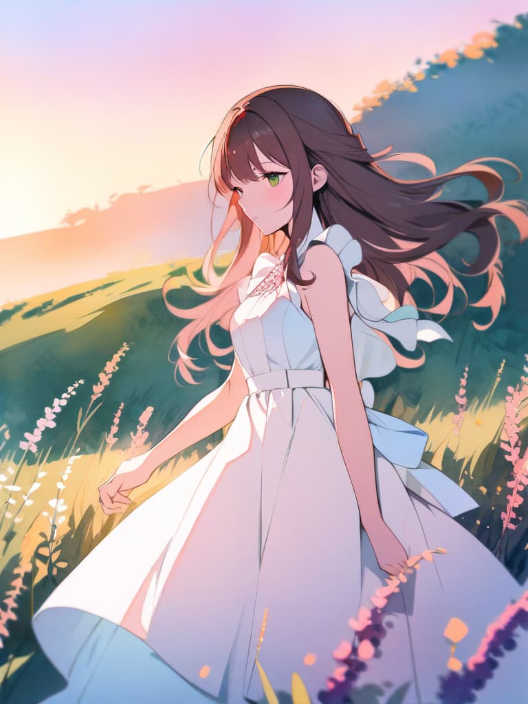  masterpiece,(pink,light blue,green,white pastel watercolor style:2.0),(meadow with heather in bloom:2.0)(beautiful woman:2.0)(green eye color:1.5)(long brown hair:1.5)(wind driven hair:1.7)(white dress:1.5)sunset,high quality,16k