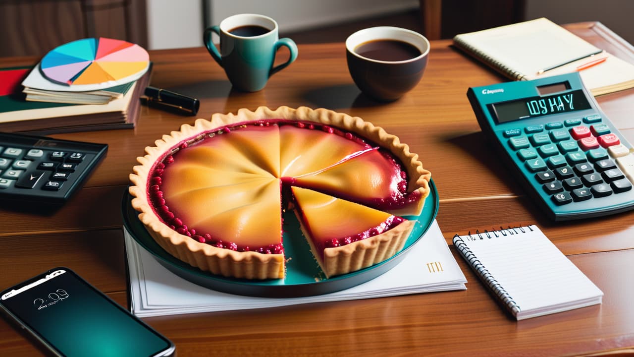  a colorful pie chart divided into three sections labeled 50%, 30%, and 20%, surrounded by illustrations of bills, savings, and lifestyle symbols, all set on a wooden desk with a calculator and a notepad. hyperrealistic, full body, detailed clothing, highly detailed, cinematic lighting, stunningly beautiful, intricate, sharp focus, f/1. 8, 85mm, (centered image composition), (professionally color graded), ((bright soft diffused light)), volumetric fog, trending on instagram, trending on tumblr, HDR 4K, 8K