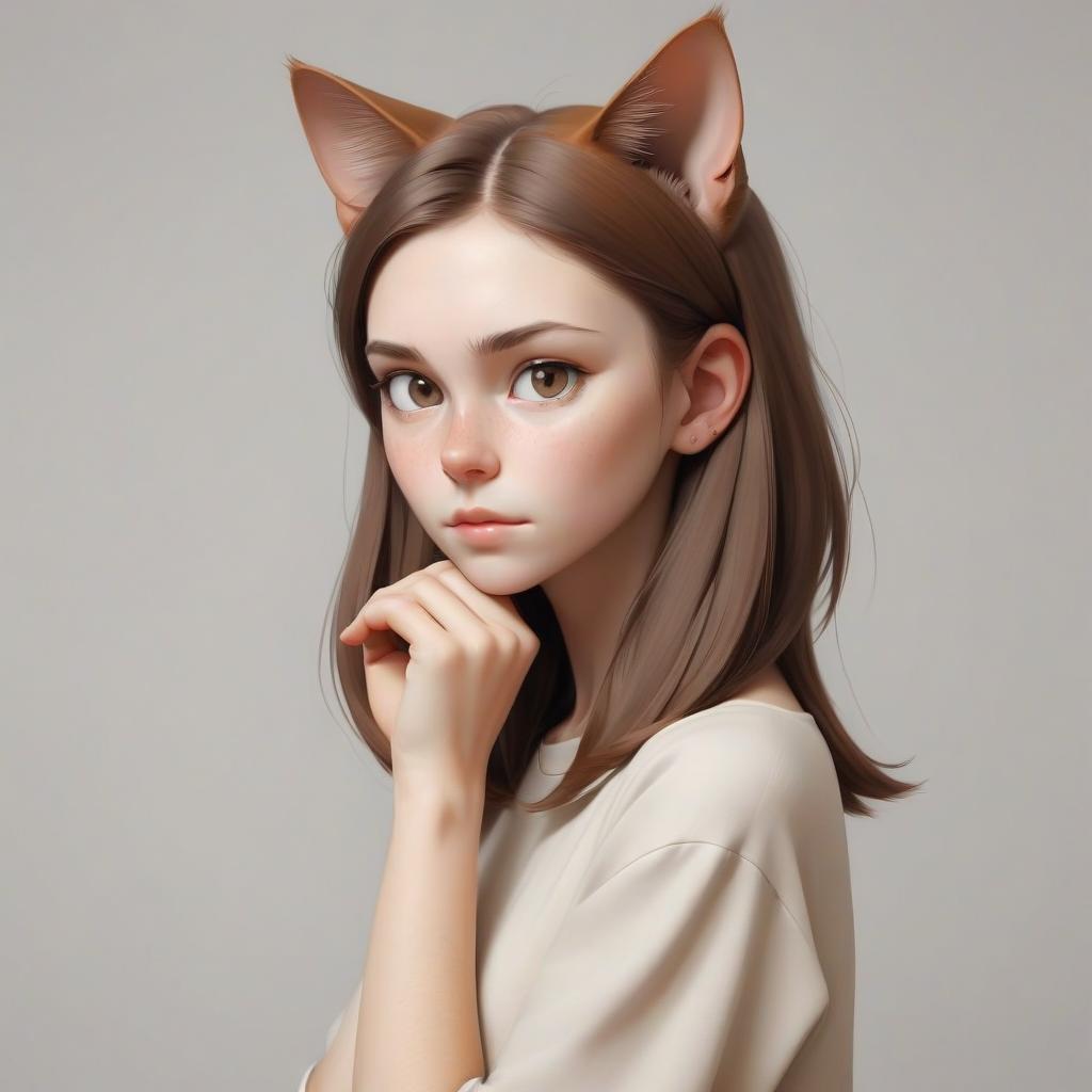  minimalist style a girl with brown hair and a kara on the head of a cat's ear . simple, clean, uncluttered, modern, elegant