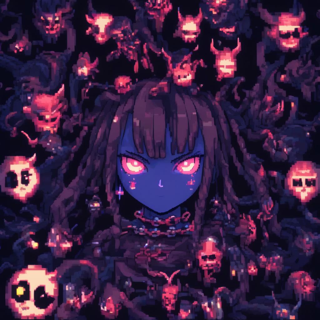  pixel art a with blue eyes and a chain around her neck, anime nature wallpap, demon white horns, spiritual eerie creepy picture, there is a glow coming from her, discord profile picture, benevolent android necromancer, f 2, dormant in , #, defence, pfp, beautiful blue glowing eyes . low res, blocky, pixel art style, 8 bit graphics