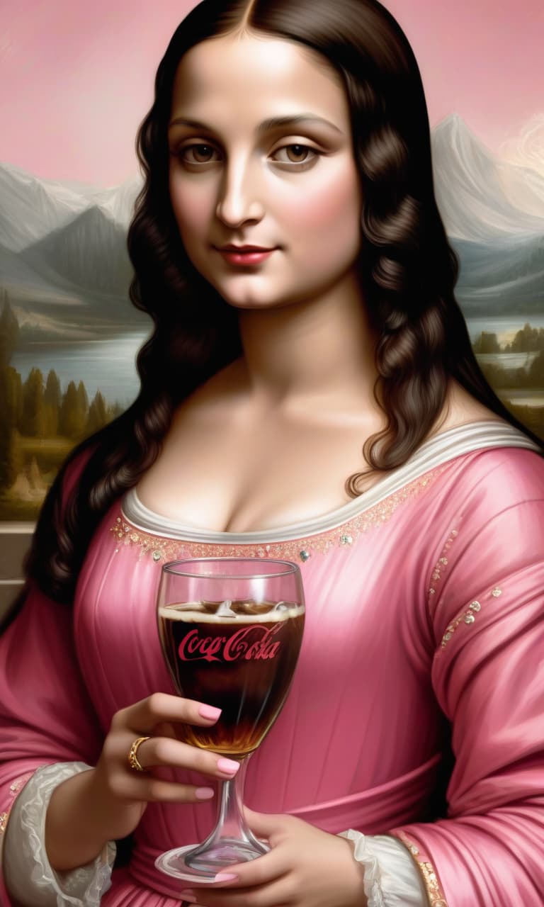  concept art tarot color pink, white, black, gold mona lisa in a dress with crystals, holding a cup with a coca cola tube in her hands, waist down . digital artwork, illustrative, painterly, matte painting, highly detailed, perfect hands