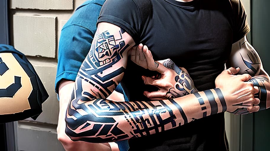  tattoo all over the man's arm from wrist to elbow from the outside with his son named nikita. add the inscription "nikita", in the style of minecraft