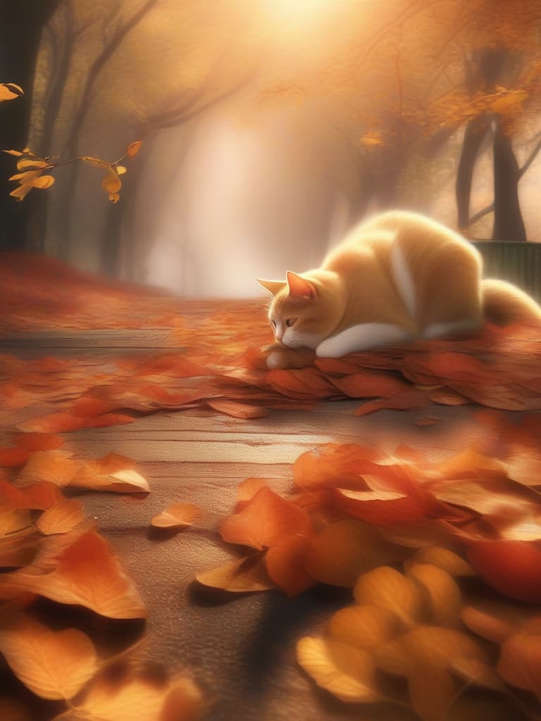  1cat ,japanese cat,cat sleeping on fallen leaves,falling ginkgo leaves,ginkgo forest,midday sunshine, hyperrealistic, full body, detailed clothing, highly detailed, cinematic lighting, stunningly beautiful, intricate, sharp focus, f/1. 8, 85mm, (centered image composition), (professionally color graded), ((bright soft diffused light)), volumetric fog, trending on instagram, trending on tumblr, HDR 4K, 8K