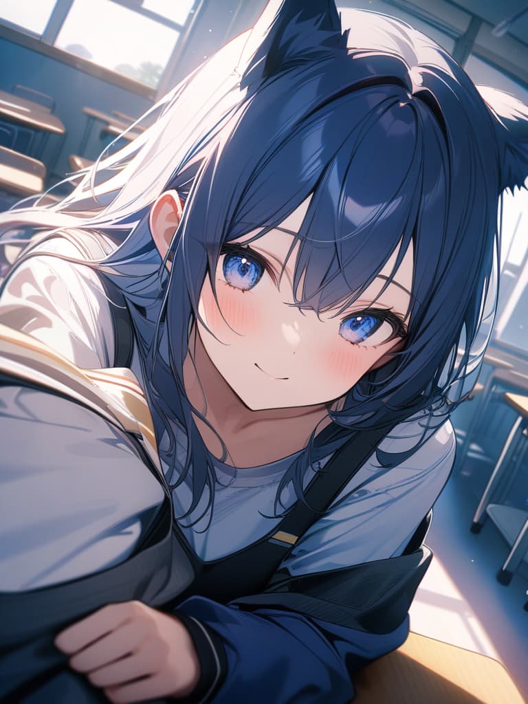  girls, amplifier tack colors chigusa kun's body, long hair, blue hair, wolf ears, smiles, pieces, peace, uniform, blue eyed, classroom, masterpiece, best quality,8k,ultra detailed,high resolution,an extremely delicate and beautiful,hyper detail