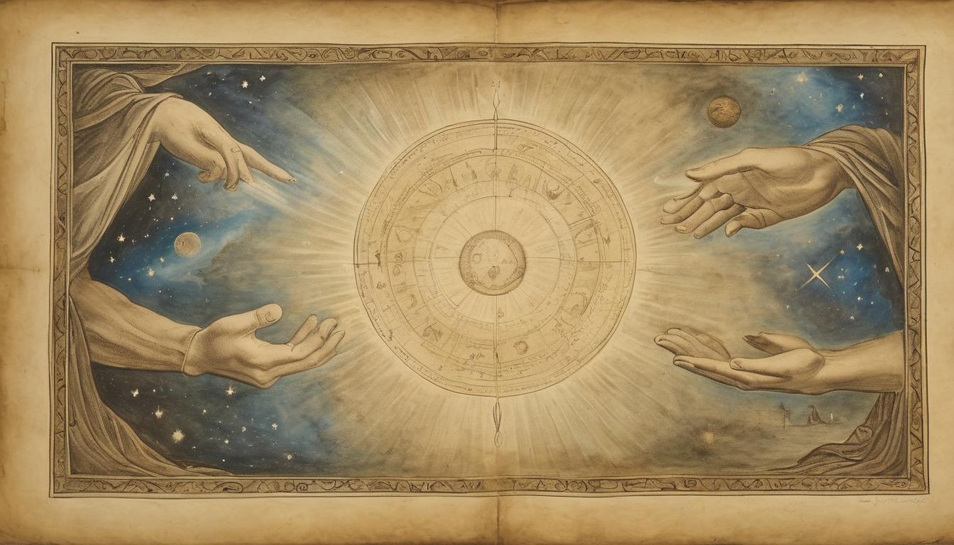  on parchment, surrealism++, glowing hands receiving divine light, cosmic aura, miraculous and transformative energy(mysterious, provocative, symbolic)++