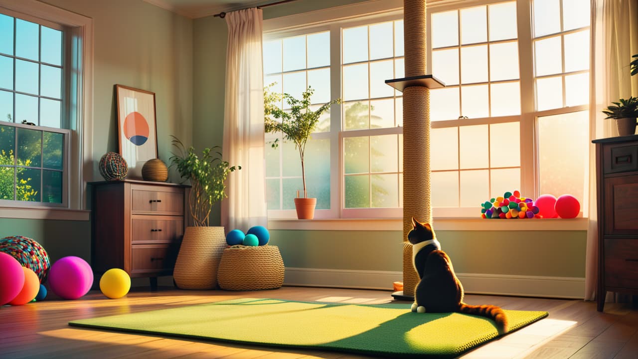  a bright, cozy room featuring two distinct cat scratching posts: one tall with natural sisal rope and another low with plush fabric. a curious cat playfully scratching each post, surrounded by colorful toys and catnip. hyperrealistic, full body, detailed clothing, highly detailed, cinematic lighting, stunningly beautiful, intricate, sharp focus, f/1. 8, 85mm, (centered image composition), (professionally color graded), ((bright soft diffused light)), volumetric fog, trending on instagram, trending on tumblr, HDR 4K, 8K