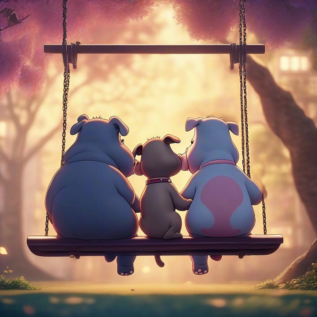  cinematic film still hippo and puppy sitting on a swing picture in modern anime style . shallow depth of field, vignette, highly detailed, high budget, bokeh, cinemascope, moody, epic, gorgeous, film grain, grainy