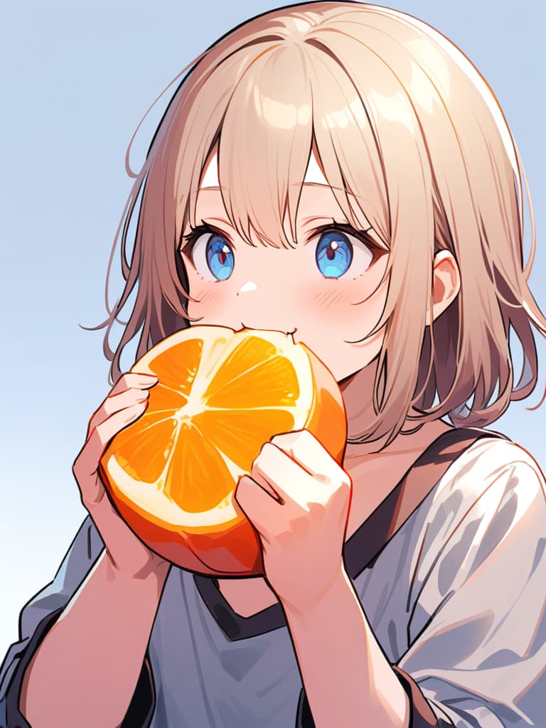  (eating orange🍊::1.5)masterpiece,((eating orange:1.2))solo,(blue eyes:1.5)),simple background,shirt,alone,long sleeve,original,((holding peeled orange:2.0)),sitting,blond hair,white shirt,male focus,food,grey background,eating,foodholding,orange,(upper body only:1.2),high quality,8k,super analysis