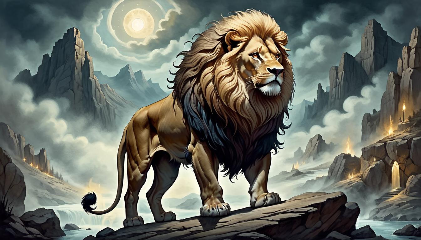  on parchment, surrealism+++, a majestic lion with a flowing mane, standing firmly on a rocky terrain, its eyes glowing with an inner light, shadows casting dramatic contrasts, regal and unyielding(mysterious, provocative, symbolic,muted color)+++