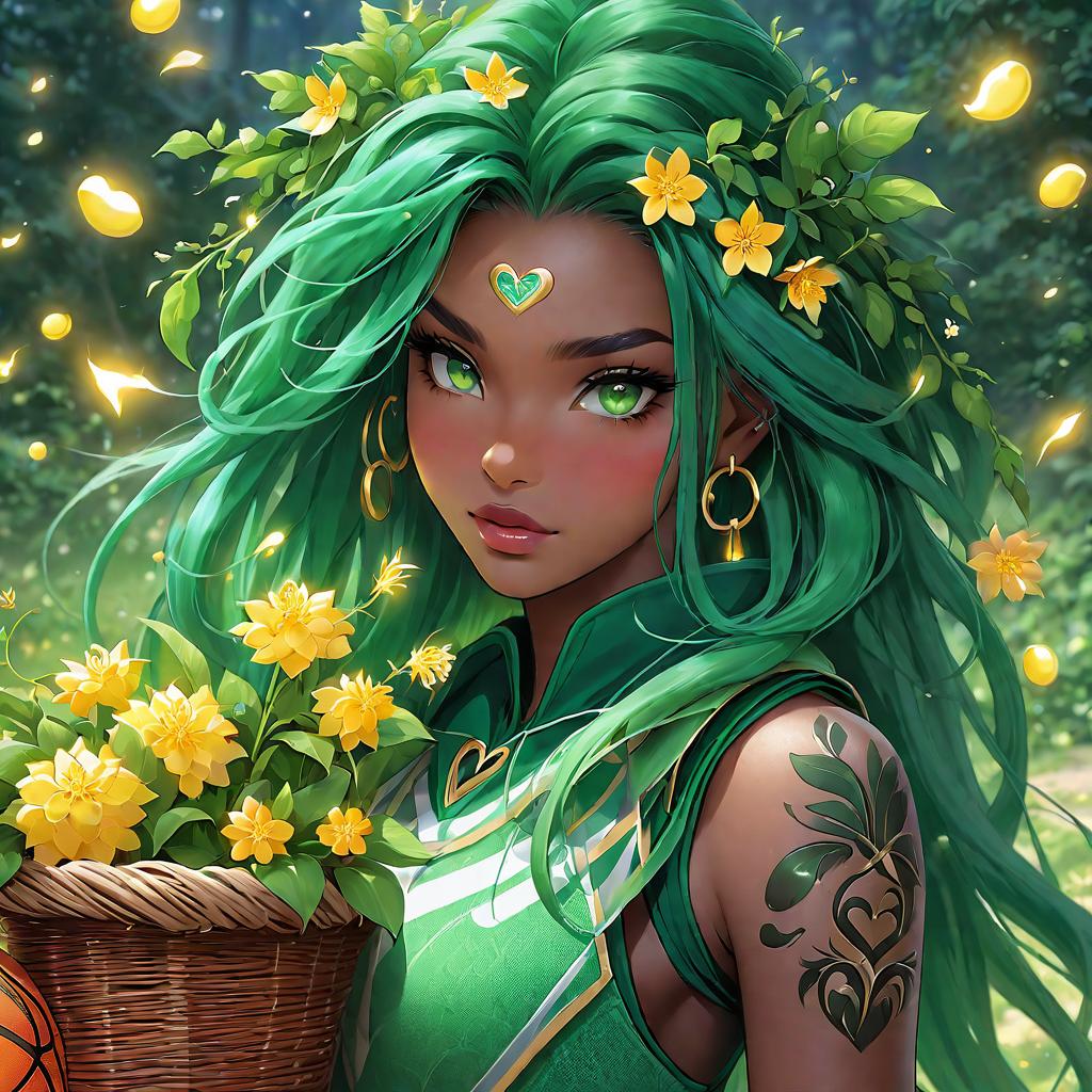  anime art very beautiful, plant girl, dark black skin woman, bright green eyes, hooded eyes, long hair, green dreads, plump lips, sharp angled eyebrows, roman nose, pointed ears, piercings, heart shaped face, green vine tattoos, flowers in hair, lean figure, long legs, fireflies, pollen, black and gold basket ball jersey, basketball court., award winning, professional, highly detailed, masterpiece