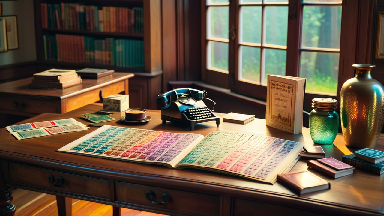  a cozy study filled with colorful stamp albums, magnifying glasses, and vintage postage stamps scattered across a wooden desk, with soft natural light streaming through a window, illuminating the intricate designs of the stamps. hyperrealistic, full body, detailed clothing, highly detailed, cinematic lighting, stunningly beautiful, intricate, sharp focus, f/1. 8, 85mm, (centered image composition), (professionally color graded), ((bright soft diffused light)), volumetric fog, trending on instagram, trending on tumblr, HDR 4K, 8K