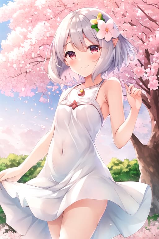  smooth legs,wearing a white sundress,smiling,dress swaying in the wind,no underwear,(kokkoro:1.3), (masterpiece), (highest quality), (intricate), (high detail),cherry blossom, relaxing under a cherry blossom tree, summer day, masterpiece, best quality, high quality, solo