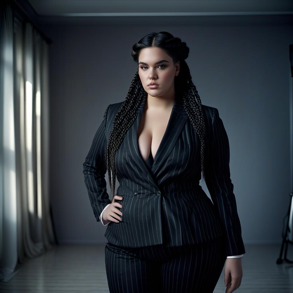  cinematic photo a large girl in a black suit with a huge bust, with braids of black hair, black striped trousers with large hips model . 35mm photograph, film, bokeh, professional, 4k, highly detailed