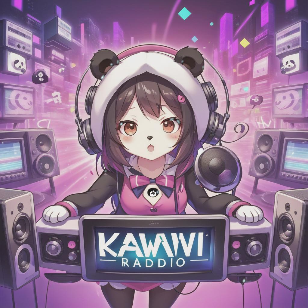  anime artwork logo of internet radio, anime, girl, panda, "kawaii radio" . anime style, key visual, vibrant, studio anime, highly detailed