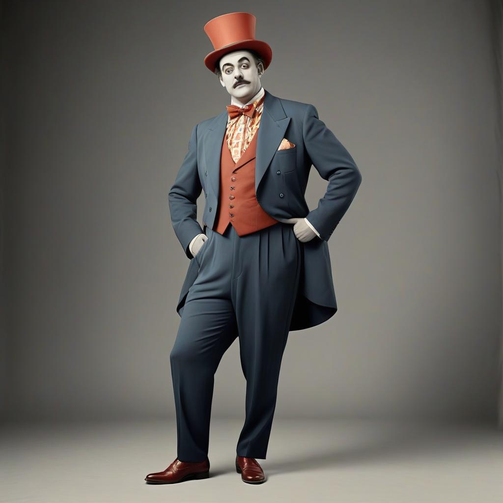  a stage image of a man. circus clothes, big pockets, button headdress. full length suit with shoes. good face.