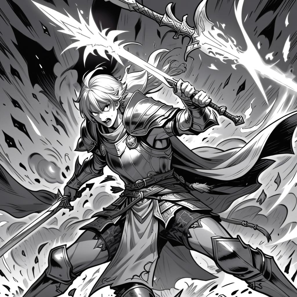  manga artwork fantasy, greyscale monochrome, manga materials, knight fighting mage, mage get pierced by the spear of the knight and start bleeding, mage unleashing the firebolt in the face of a knight, fullsize body view, legs. manga artist. manga, highly emotional. best quality, high resolution