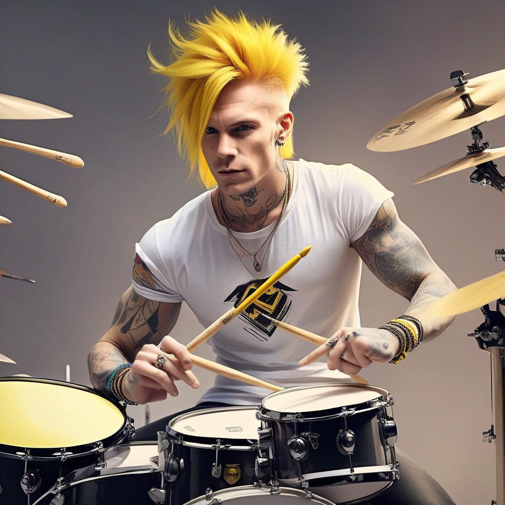  drummer with yellow hair, drumsticks, drumsticks, white t shirt, tattoos on his hands, half gloves on his hands, bracelets. plays drums. rocker