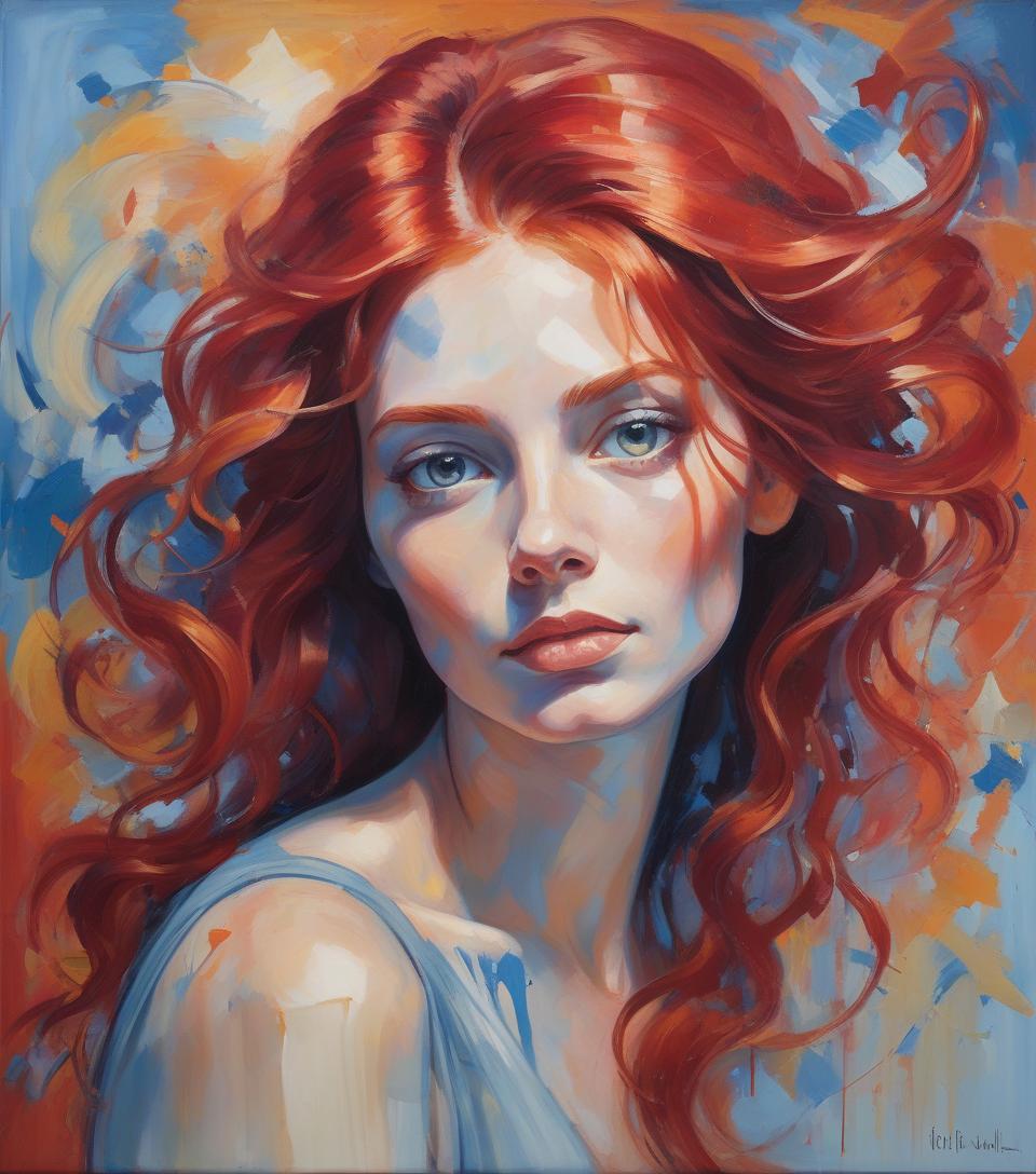  a captivating impressionist portrait painting showcases a stunning woman with cascading red hair, her gaze locked with the viewer, exuding serenity and self assurance. her radiant hair seems to dance with life, as if it has a spirit of its own. the backdrop is a swirling, vivid blend of reds and blues, creating an energetic atmosphere. the visible brushstrokes and dynamic movement of the paint evoke a sense of life and emotion. this masterful blend of realism and abstract expressionism breathes life into the subject, capturing her essence in every stroke, making her a true work of art.