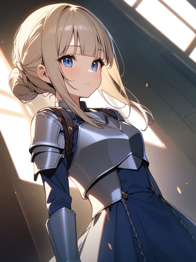  ultra detailed:1.2,masterpiece:1.2,best quality,masterpiece,bestquality,hdr:1.1,8k:1.1,very cute girl:1.3,(silver armor dress,blue dress:1.3)((blond hair,chignon:1.7)),((braided side hair,blunt bangs:1.6)),(blue head ribbon:1.1),(blue eyes:1.3),(holding great sword:1.6)dignified expression:1.3,dutch angle,upper body