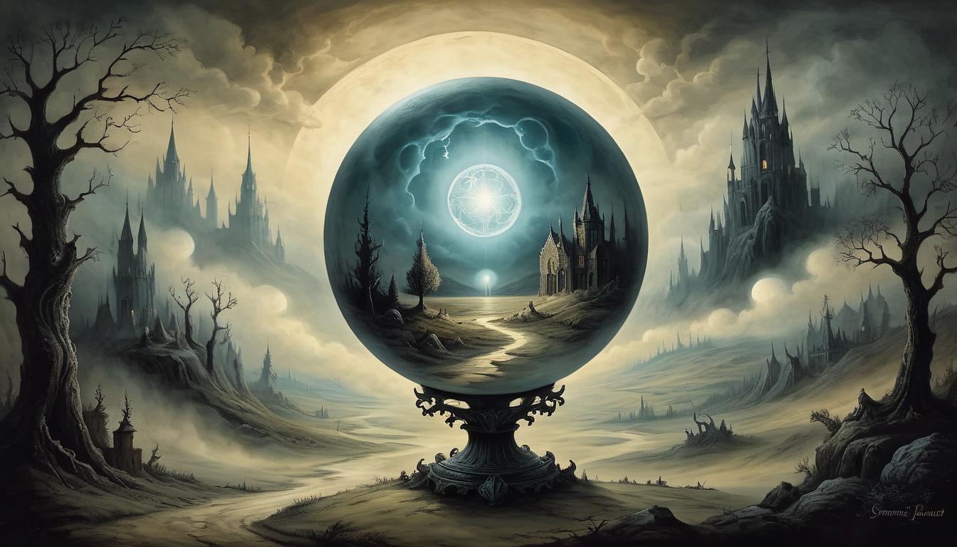  on parchment, surrealism+++, a glowing orb radiating from within a shadowy landscape, resilience, light in darkness(mysterious, provocative, symbolic,muted color)+++