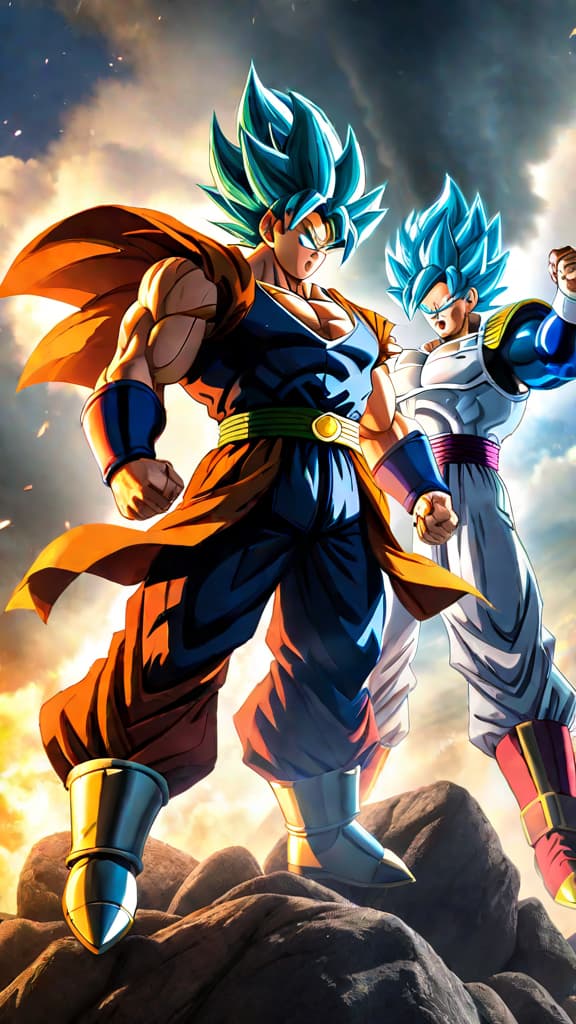  anime art: goku and vegeta face the legendary power of broly in explosive battles, pushing their limits to new heights. hyperrealistic, full body, detailed clothing, highly detailed, cinematic lighting, stunningly beautiful, intricate, sharp focus, f/1. 8, 85mm, (centered image composition), (professionally color graded), ((bright soft diffused light)), volumetric fog, trending on instagram, trending on tumblr, HDR 4K, 8K