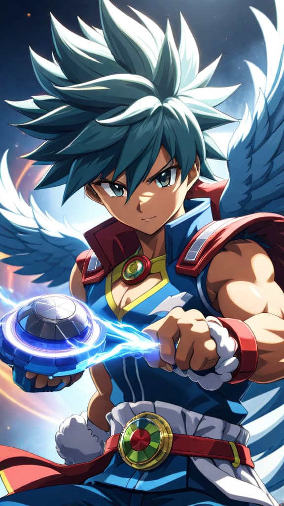  anime art, ginka hagani from beyblade holding the legendary pegasus beyblade, destined for epic battles hyperrealistic, full body, detailed clothing, highly detailed, cinematic lighting, stunningly beautiful, intricate, sharp focus, f/1. 8, 85mm, (centered image composition), (professionally color graded), ((bright soft diffused light)), volumetric fog, trending on instagram, trending on tumblr, HDR 4K, 8K