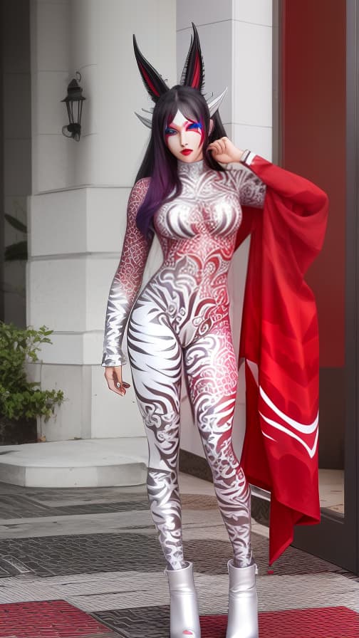  Full body red flame pattern body paint, Silver body paint on the whole body, Silver face paint on the face, Dark elf 女性