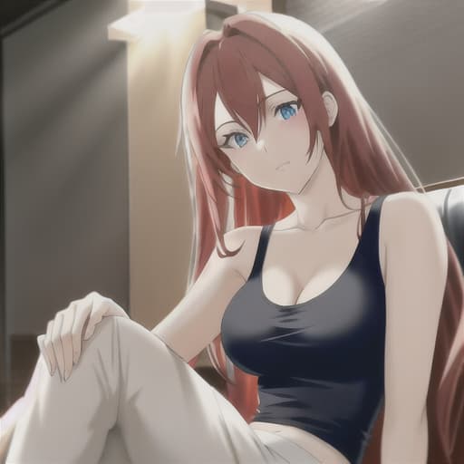  anime ,beatiful and sensual, perfect s,sitting over a sofa, hair, blue eyes, wearing a tank top and sweatpants, not Urban Nature, Artistic Lighting Techniques, Luminous Low Light , High Resolution hyperrealistic, full body, detailed clothing, highly detailed, cinematic lighting, stunningly beautiful, intricate, sharp focus, f/1. 8, 85mm, (centered image composition), (professionally color graded), ((bright soft diffused light)), volumetric fog, trending on instagram, trending on tumblr, HDR 4K, 8K