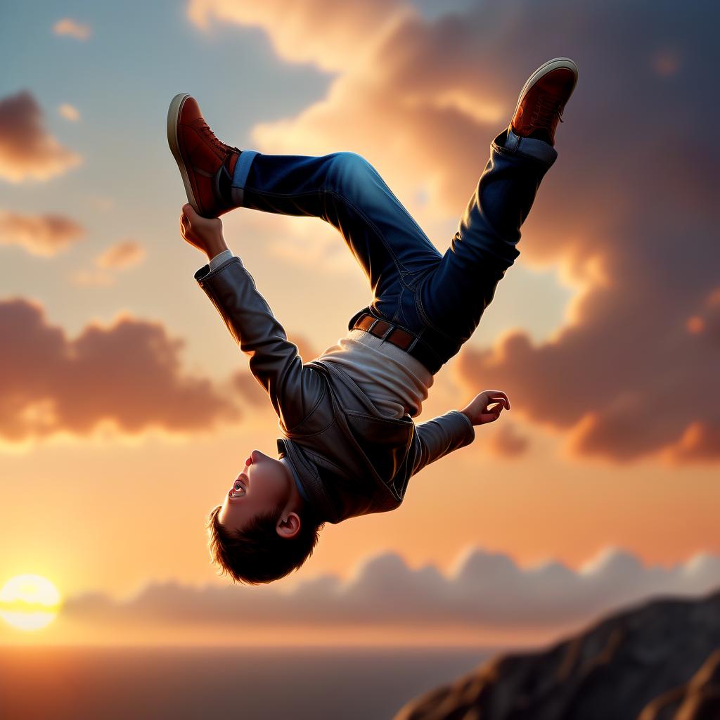  hyperrealistic art make a sticker boy somersault in the air in the background of sunset . extremely high resolution details, photographic, realism pushed to extreme, fine texture, incredibly lifelike, sticker