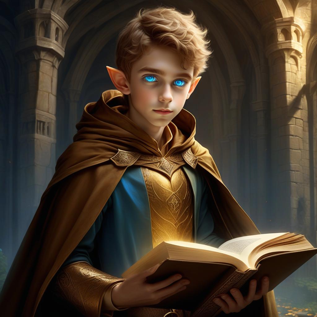  a beautiful elf boy with golden and blue eyes holds an open book dressed in a brown cloak, medieval fantasy, wizard's tower, hkmagic