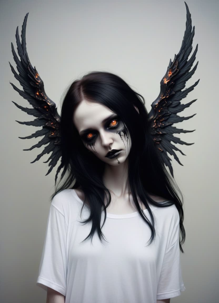  macabre style make her a fallen angel, she grows wings covered with fire . dark, gothic, grim, haunting, highly detailed