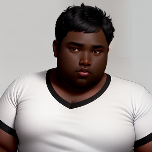  human, male, human male, dark black skin, very dark black skin, brown eyes, dark brown eyes, black hair, short hair, black short hair, straight hair, fat man, fat body, lecherous expression, black t shirt, white background, simple background, simple white background, just white background, 4k, hdr, high quality, high resolution