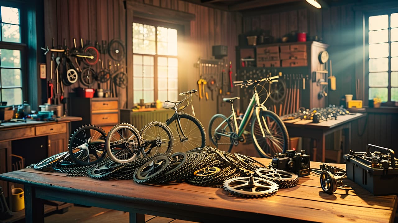  a mechanic's workshop with bicycles in various states of repair. tools scattered on a workbench, a close up of a greasy chain and shiny gears, and a price tag on a maintenance kit. hyperrealistic, full body, detailed clothing, highly detailed, cinematic lighting, stunningly beautiful, intricate, sharp focus, f/1. 8, 85mm, (centered image composition), (professionally color graded), ((bright soft diffused light)), volumetric fog, trending on instagram, trending on tumblr, HDR 4K, 8K