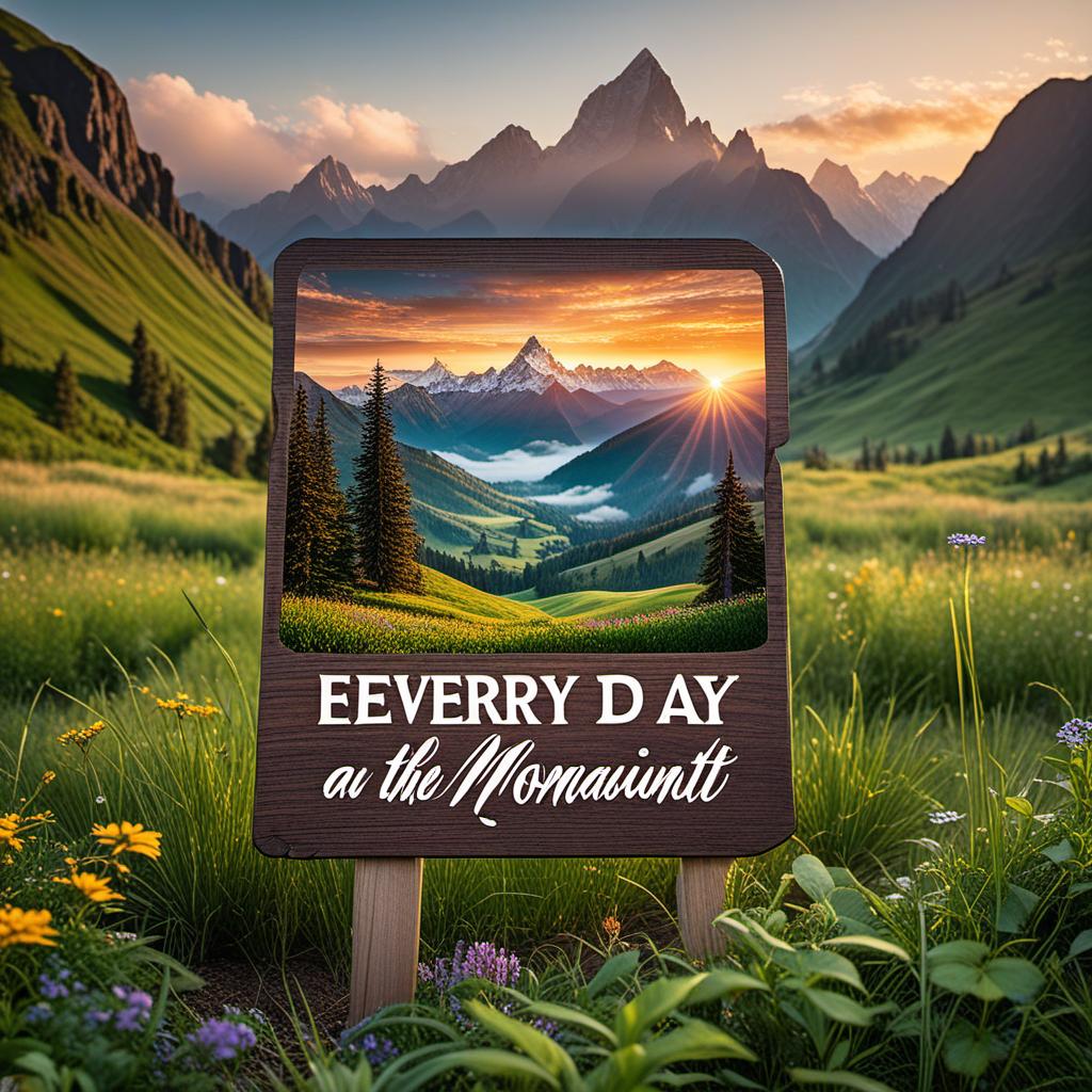  a colorful, vibrant sunrise over a majestic mountain range, with rays of light illuminating a lush green meadow. a small, wooden sign in the foreground reads "every day is a gift, live it to the fullest." the scene is filled with a sense of peace and tranquility, conveying the message of appreciating every moment. . real photo, taken from sony a73 camera hyperrealistic, full body, detailed clothing, highly detailed, cinematic lighting, stunningly beautiful, intricate, sharp focus, f/1. 8, 85mm, (centered image composition), (professionally color graded), ((bright soft diffused light)), volumetric fog, trending on instagram, trending on tumblr, HDR 4K, 8K