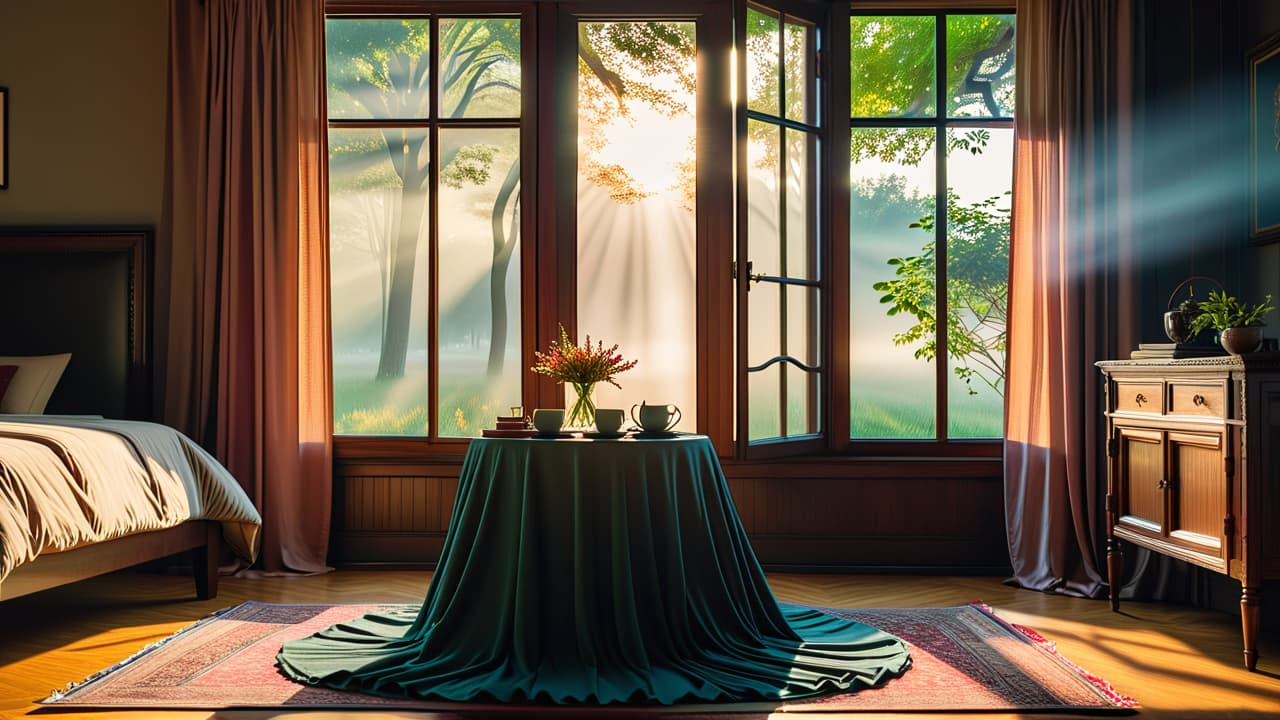  a serene bedroom at dawn, soft rays of sunlight filtering through sheer curtains, a neatly made bed, a journal and a steaming cup of tea on a bedside table, yoga mat rolled out, inviting calmness. hyperrealistic, full body, detailed clothing, highly detailed, cinematic lighting, stunningly beautiful, intricate, sharp focus, f/1. 8, 85mm, (centered image composition), (professionally color graded), ((bright soft diffused light)), volumetric fog, trending on instagram, trending on tumblr, HDR 4K, 8K