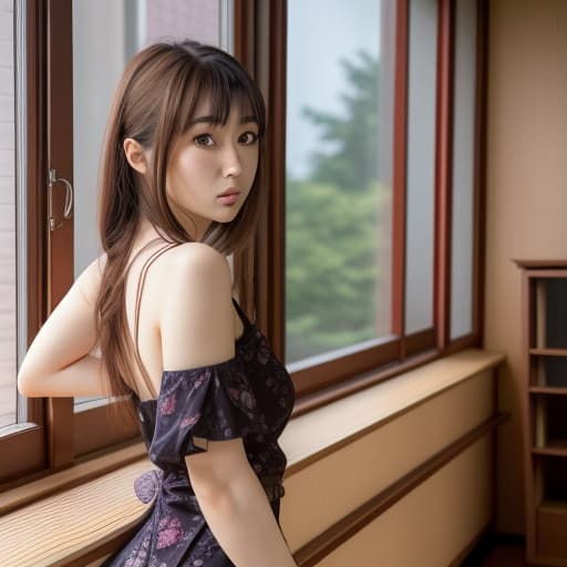  a woman in posing in front of a window, ayami koj ima, kimi takemura, beautiful alluring anime , hana yata, akira yoshizawa, with dark brown hair, mai yoneyama, suki, japanese model, japanese, sana takeda, beautiful young asian woman, asian hyperdetailed, 