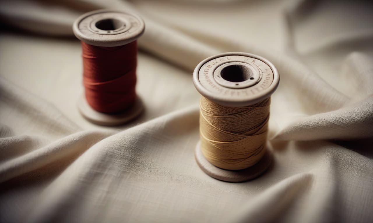  cinematic film still realistic photograph, top view, {natural linen fabric with soft folds, ((two spools)) of sewing thread lie ((on the right side)) of the frame}. soft diffused daylight. the spools of thread are realistic and have the correct shape. . shallow depth of field, vignette, highly detailed, high budget, bokeh, cinemascope, moody, epic, gorgeous, film grain, grainy