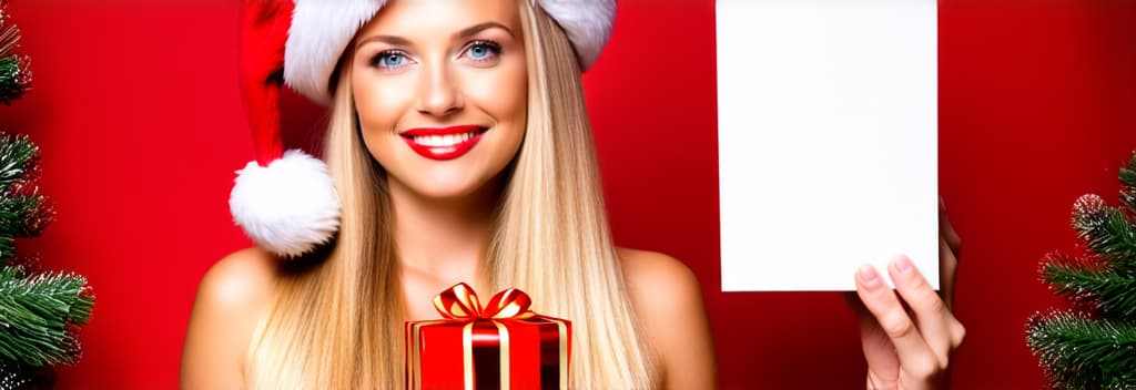  portrait of a beautiful young , blonde hair with long hair in a santa hat on a red background with a gift in her hands, free space for text on the right, plain background, on the left ar 3:1, (natural skin texture), highly detailed face, depth of field, hyperrealism, soft light, muted colors