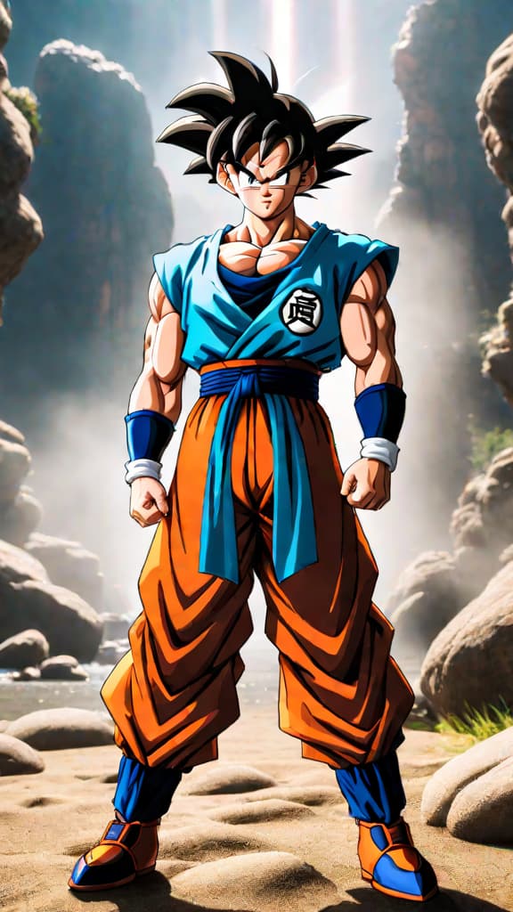  anime: dragon ball z. goku trains with the realm of angels, mastering divine techniques and unlocking unprecedented power levels. hyperrealistic, full body, detailed clothing, highly detailed, cinematic lighting, stunningly beautiful, intricate, sharp focus, f/1. 8, 85mm, (centered image composition), (professionally color graded), ((bright soft diffused light)), volumetric fog, trending on instagram, trending on tumblr, HDR 4K, 8K